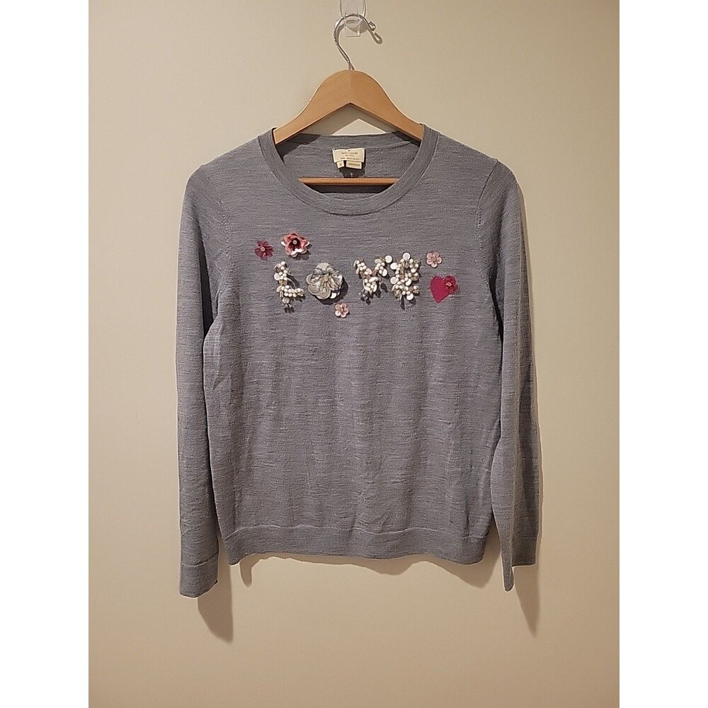 Kate Spade NY Wool Sweater Embellished Love Flower Applique Gray Long Sleeve M